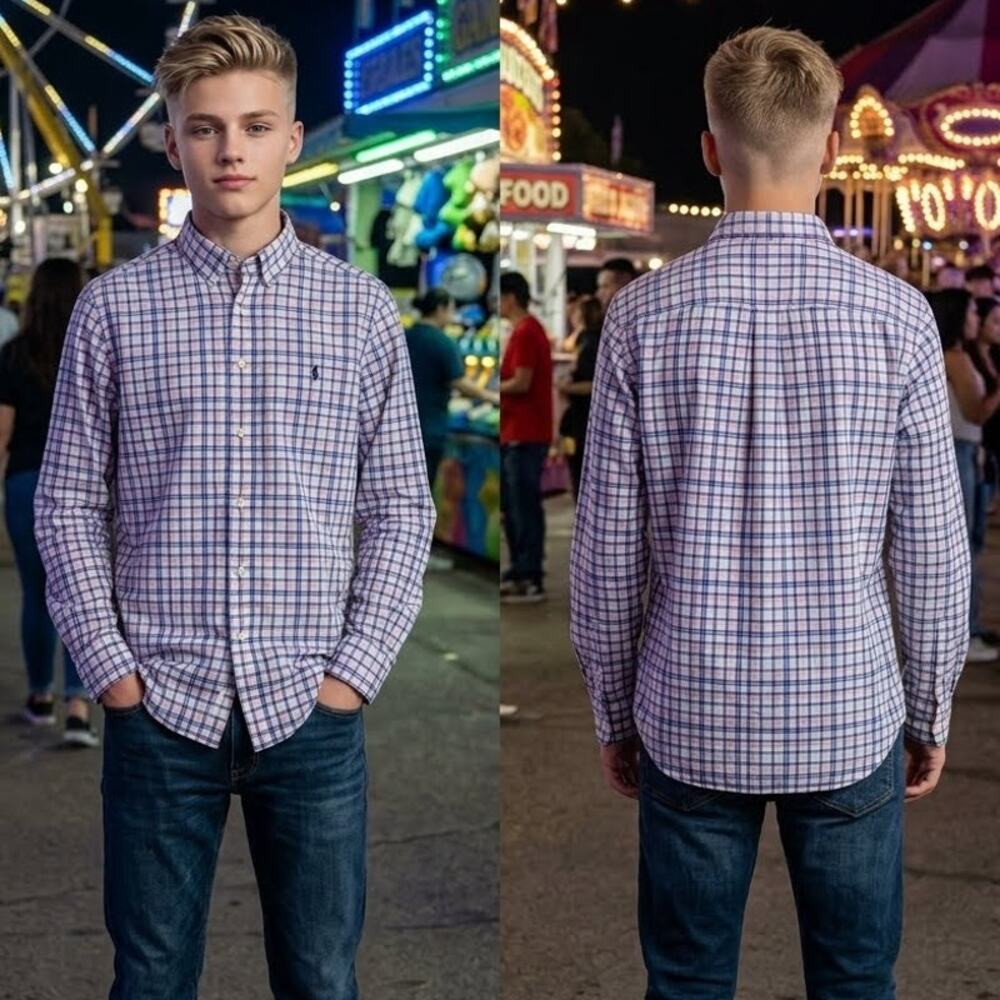 Ralph Lauren Polo Blue Pink Plaid Long Sleeve Button Up Shirt Boys Size 18-20 XL